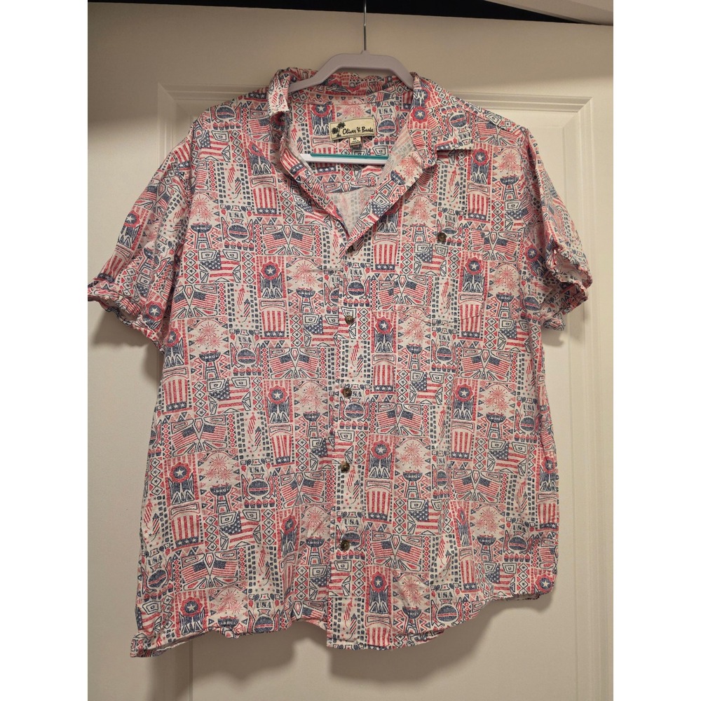 Oliver & Burke Mens XL Short Sleeve Button Down Shirt Americana USA BBQ Print - Picture 1 of 5
